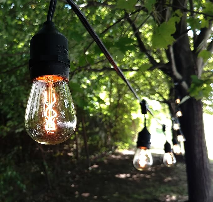 Hometown Evolution, Inc. E26 Outdoor Commercial String Lights with Suspended Socket for Weatherproof Heavy Duty Vintage Outside Lighting (S14 Zig Zag Edison 11 Watt Bulbs, 24 Foot 12 Socket)