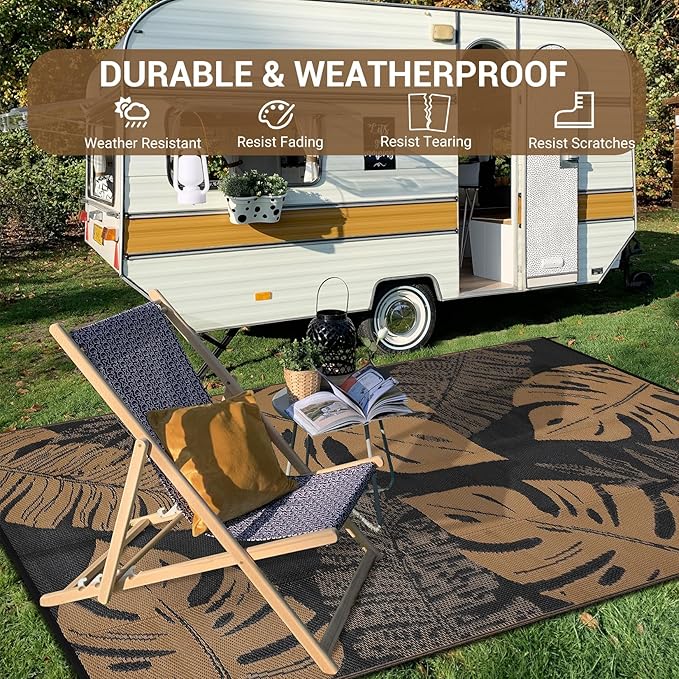 GAOMON Outdoor Patio Rug 9x18 Waterproof Outdoor Plastic Straw Rug Reversible Camping Mat, Foldable Portable RV Picnic Carpet with Bag & 4 Stakes, UV Resistant Outside Carpet for Deck Balcony, Brown