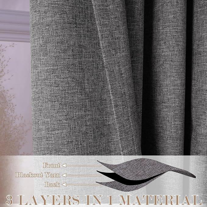 Extra Wide 100% Blackout Linen Textured Curtains - Room Dividers, W150 x L108 (1 Panel), Pinch Pleat Drapes for Living Room, Full Light Block Out Drapery for Sliding Door, Natural Grey