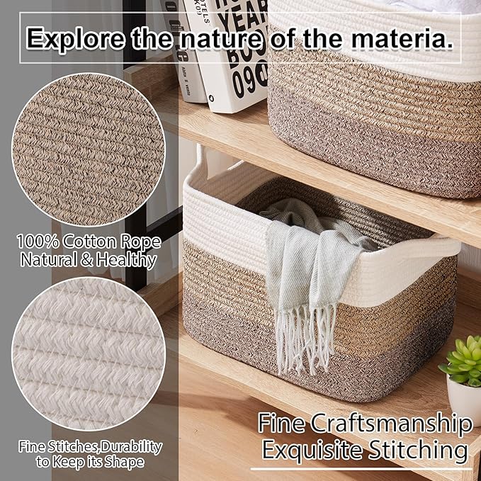 OIAHOMY Storage Basket, Woven Baskets for Storage, Cotton Rope Basket for toys,Towel Baskets for Bathroom - Pack of 3, Gradient Dark Brown