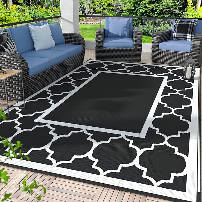 GENIMO 6' x 9' Outdoor Rug Waterproof for Patio Decor, Foldable Reversible Plastic Straw Area Rugs Mat for Camper, Morden Carpet for Outside, Rv, Deck, Porch, Picnic, Beach, Balcony, Black & White