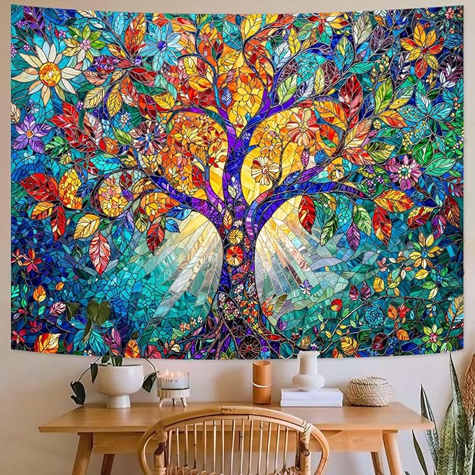 Lunerfex Tree of Life Tapestry Stained Glass Tapestry Wall Decor Tapestries for Bedroom Art Tapestries Wall Hanging for Bedroom Living Room Glass-Tree-02 60"x80"