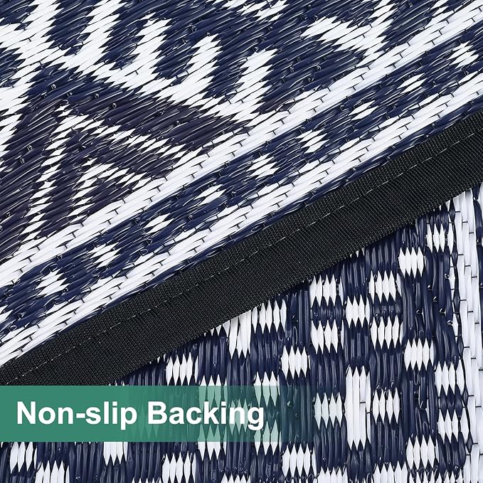 GAOMON Outdoor Rug 9'x12' Waterproof Rug for Patio Decor, Foldable Reversible Plastic Straw Area Rugs Mat for Camper, Outside Carpet for Deck, Porch, Picnic, Beach, Dark Blue/White(Bohemia)