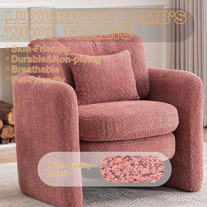 Chenille Accent Armchair Oversize Upholstered Barrel Comfy Modern Round Lounge Sofa Chair with Pillow Cozy Reading Chairs for Apartment,Office,Living Room,Dining,Makeup,Club,Pink 2SET