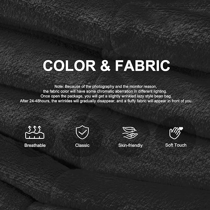 Bean Bag Chairs for Adults Giant Bean Bag Chair Memory Foam BeanBag Chair Big Bean Bag Sofa with Filler Faux Fur Fireside Beanbags Lazy Sofa for Living Room Bedroom Dorm Office (Black Plush)