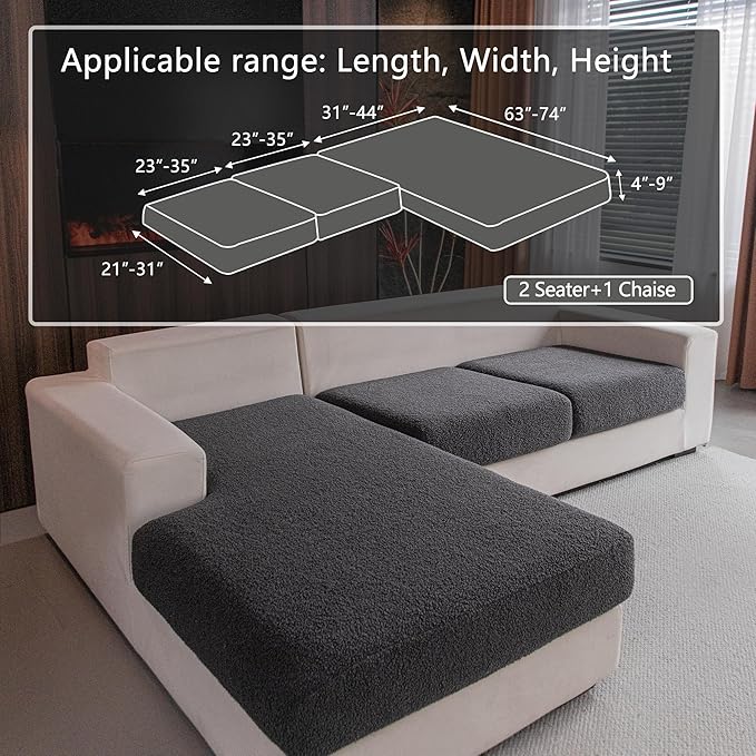 Couch Cushion Covers for Sectional Sofa, Stretch Soft Sofa Slipcovers Washable Wear-Resistant Universal Furniture Protector for Living Room(2 Seaters Covers+1 Chaise Cover, Dark Gray)
