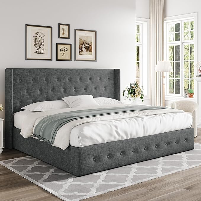 Allewie King Size Lift Up Storage Bed, Button Tufted Headboard with Wingback, Hydraulic Support, No Box Spring Needed, Dark Grey