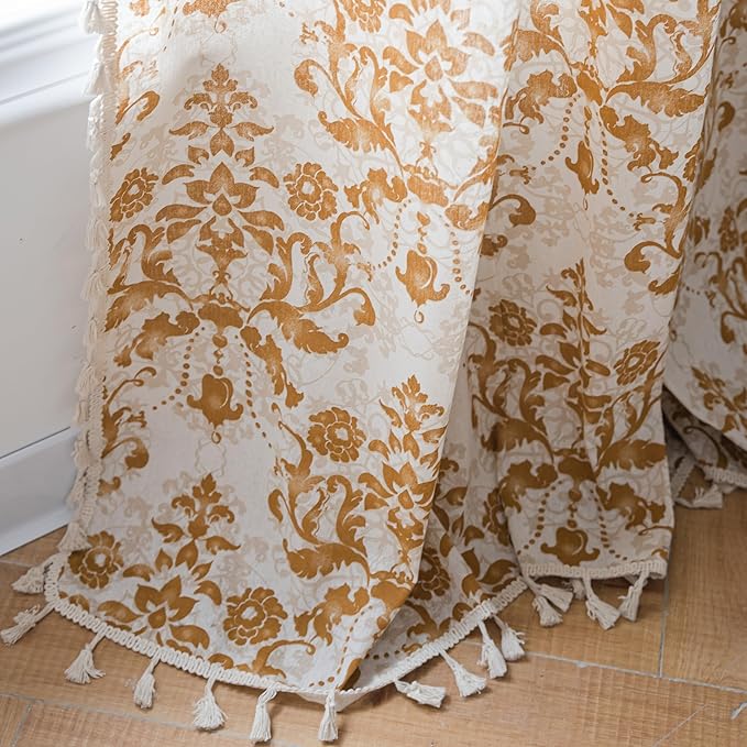 Sutuo Home Boho Curtains 63 Inches Length for Bedroom Living Room, Printed Moroccan Cotton Linen Rod Pocket Rustic Farmhouse Bohemian Tassels Window Treatment, 1 Panel 59" W x 63" L, Brown Damask