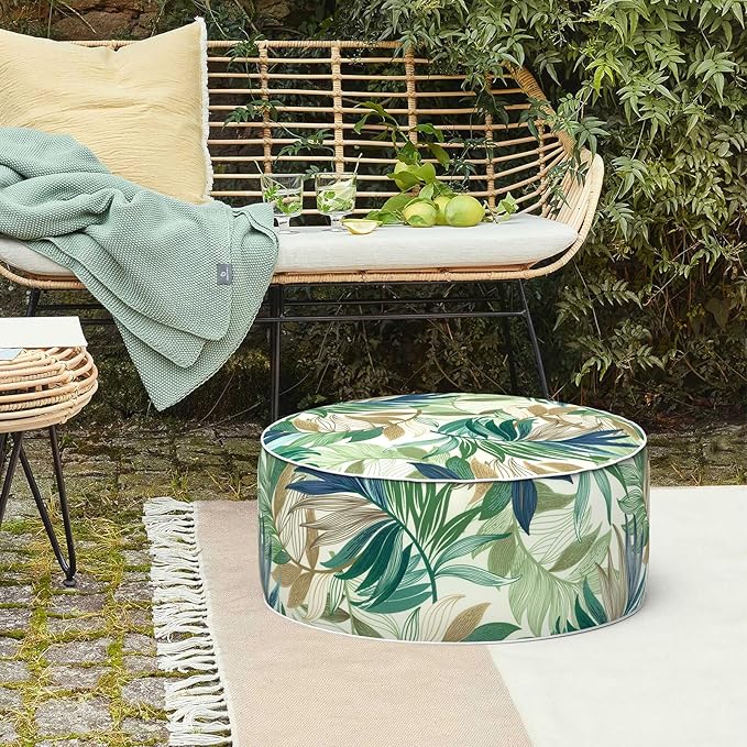 LVTXIII Inflatable Stool Ottoman Footrest with Handle, Decorative Fade-Resistant Foot Stool, Indoor or Outdoor Pouf for Home Garden and Camping Use, D21 x W 21 x H9, Lush Leaf Green
