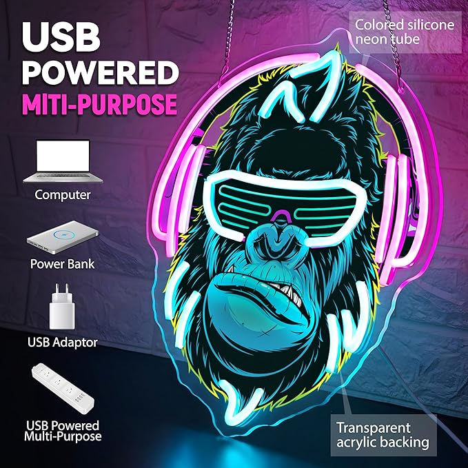 Headphones Gorilla Neon Sign Dimmable Kong Led Neon Light for Wall Decor,Game Room,Man Cave,Home Party Bar Decor,USB Powered Led Sign