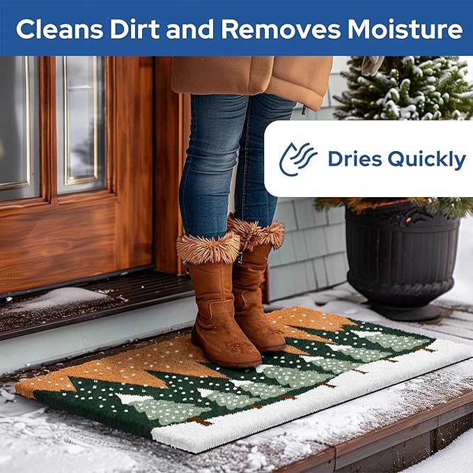 Barnyard Designs Natural Coco Coir Christmas Doormat - Large Cute Non-Slip Heavy Duty Backing Door Mat for Outside Entrance or Porch Entry, Brown (17x30, Winter Snow Forest)