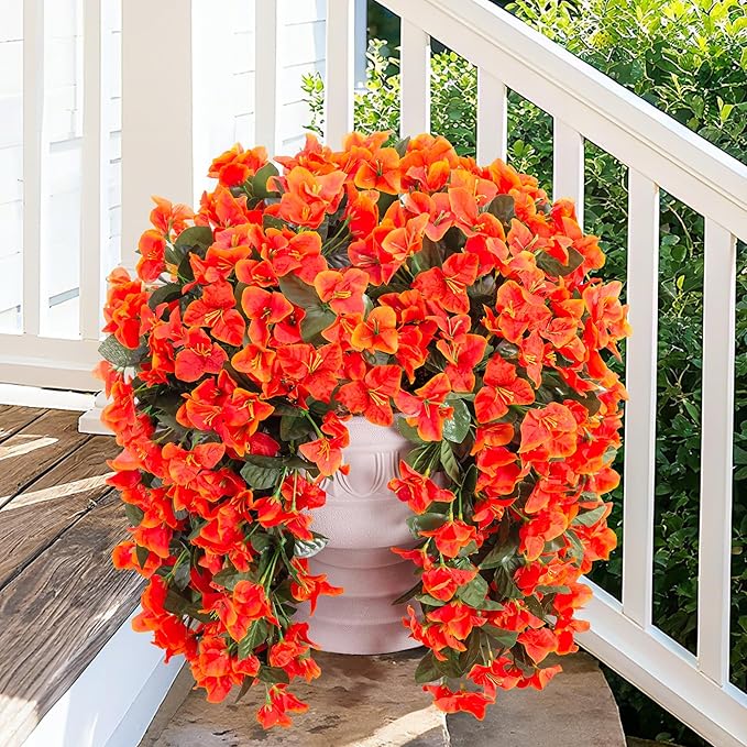 Artificial Bougainvillea Faux Flowers Plants for Outdoors Outside Fall Autumn Decor, 2 PCS Silk Trailing Vines UV Resistant Realistic Orange Fake Flowers for Planter Front Door Porch Patio Balcony