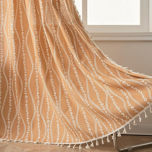 Sutuo Home Boho Curtains 63 Inches Length for Kitchen Bedroom, Printed Cotton Linen Rod Pocket Rustic Farmhouse Bohemian Tassels Window Treatment, 1 Panel 59" W x 63" L, Terracotta Stripe Florals