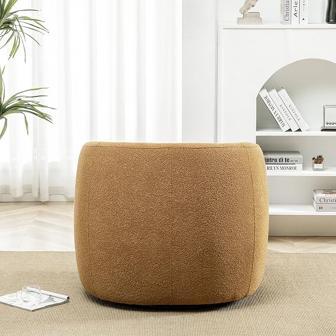 KINWELL 34" Wide Boucle Swivel Barrel Chair, No Assembly Round Upholstered Armchair Accent Chair Single Sofa Chair with Toss Pillow for Living Room and Bedroom, Brown