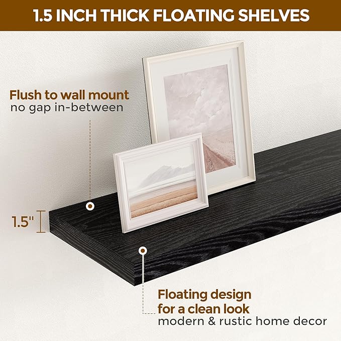 48 Inch Floating Shelves Black, Rustic Wood Floating Shelf Wall Mounted, 9 Inch Deep Floating Shelf for Kitchen, Bedroom, 48 x 9 Wall Shelves for Home Storage, Set of 1