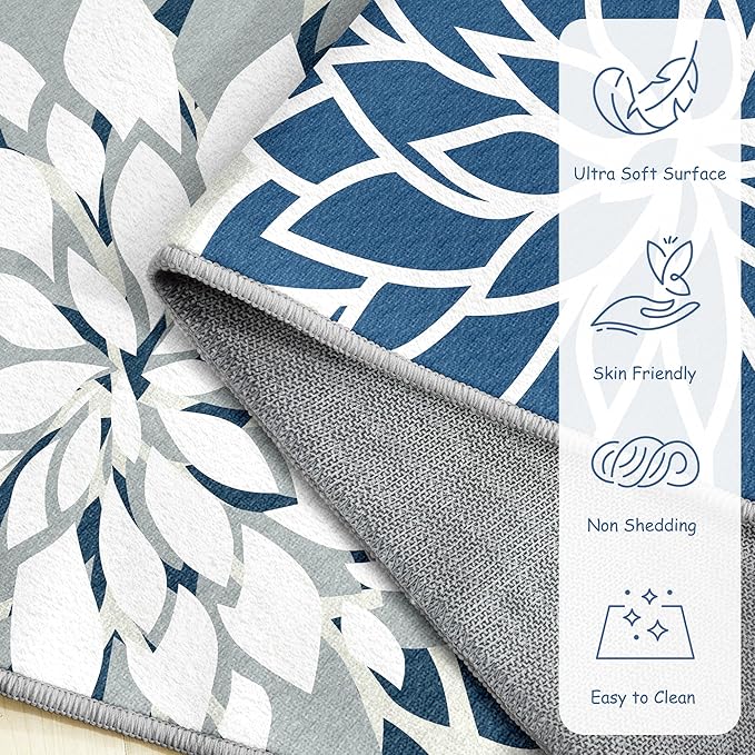 Area Rug 2x3 Blue White Washable Entry Small Rug Multicolored Tropical Botanical Modern Floral Indoor Kitchen Door Mat Entrance Carpet Non Slip for Bedroom Living Room, Porch