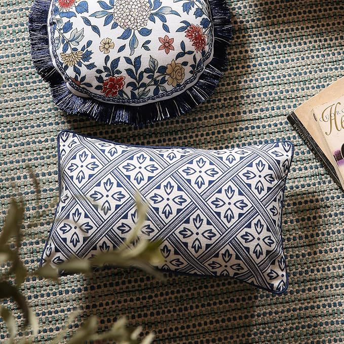 patdrea Designer Floral Linen Throw Pillow Covers,Blue French Cottage Flower Pattern Decorative Pillowcases Cushion for Bed Living Room Outdoor Car,Pack of 4