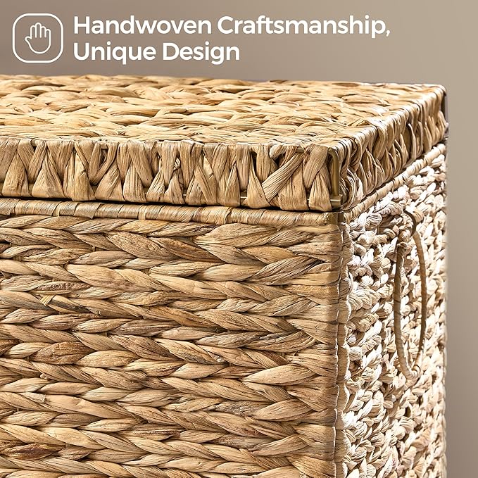 Handwoven Storage Basket with Lid, 165L Wicker Storage Bin, Natural Water Hyacinth, Leather Buckle & Metal Frame, Metal Ring Handles for Easy Transport, Storage Chest & Trunk for Bedroom, Living Room