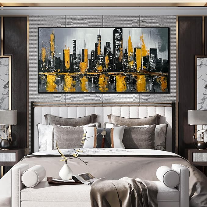 New York City Wall Art for Living Room - Hand Painted Canvas Wall Art for Office - Big Picture Frames for Wall Size 29" x 59"