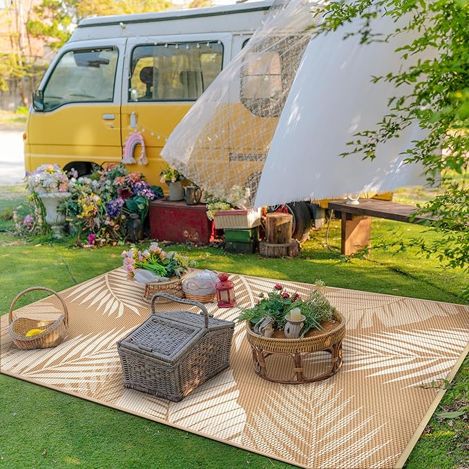GENIMO Outdoor Rug 8' x 10' Waterproof for Patios Clearance, Reversible Outdoor Plastic Straw Camping Rug Carpet, Large Area Rugs Mats for RV, Camper, Deck, Balcony, Porch, Beach, Picnic, Brown&Beige