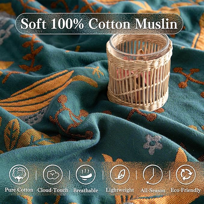 Boho Throw Blanket Queen Size, Oversized Soft Cozy Cotton Muslin Quilt Blanket for Bed Decor, Bird Patterned Couch Sofa Chair Cover, Vintage Farmhouse Cottage Woven Blanket, Green&Beige
