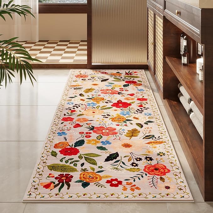 Runners for Hallways Kitchen Runner Rug Non Slip 2'x 10' Long Washable Rugs with Rubber Backing Soft Floral Carpet Runner for Hallways, Kitchen, Laundry, Bedroom, Bathroom(Beige)