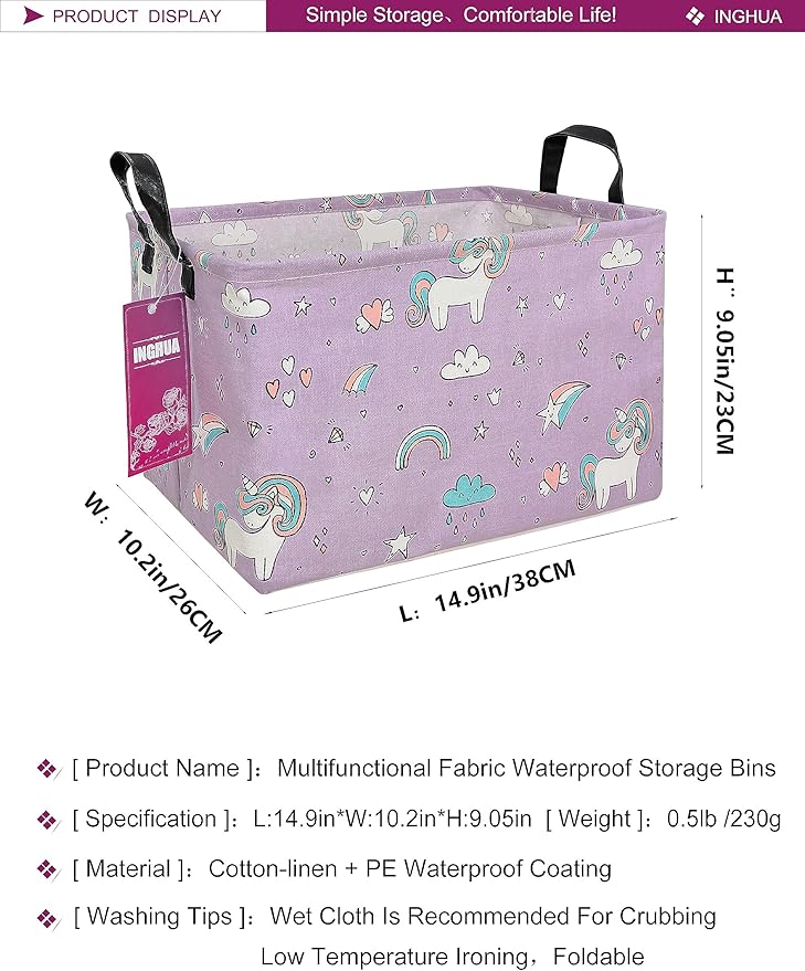 Rectangular Storage Basket Fabric Organizer Bin for Toys,Books,Clothes,Gifts,Pets-Perfect for Home,Office,Nursery,Dorm,Shelf(Rec-Unicorn)