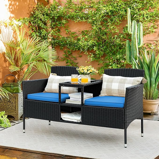 Flamaker Outdoor Furniture Patio Loveseat Wicker 2-Seat with Built-in Table and Cushions Rattan Porch Chairs Bench for Balcony, Lawn, Backyard (Blue)
