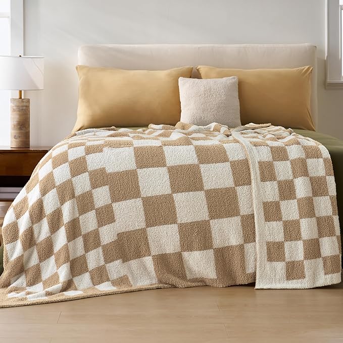 Joiedomi Twin Blanket for Couch Bed, Checkered Knitted Blankets Gifts for Women Mom Girls, Cozy Cute Soft Throw Home Room Decor Aesthetic for Women Mothers Birthday Gifts 60x80 Inches