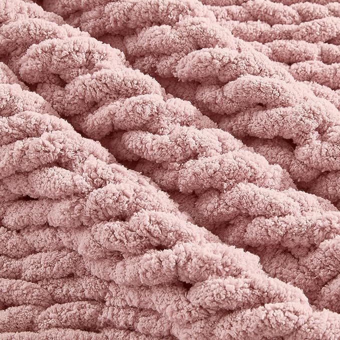 Carriediosa Chunky Knit Throw Blanket 60" X 80" Twin, 100% Hand Made Large Chenille Loop Yarn Soft Fluffy Throws for Couch Sofa Bed, Big Crochet Cozy Heavy Thick Cable Woven Blankets, Dusty Pink