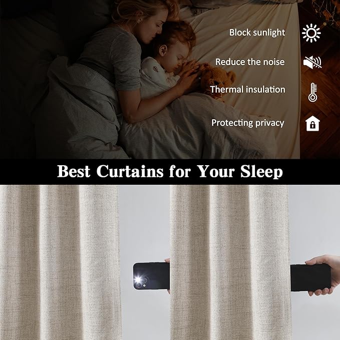 RAIN CITY Blackout Beige Curtains for Living Room 100 Inch Long 2 Panels,Linen Textured Rustic Dull Room Darkening Drapes for Dining Room Back Tab with Hooks Cottage Urban Decor 50x100