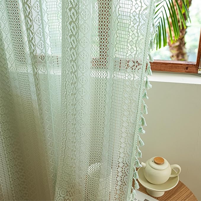 Sutuo Home Boho Sheer Curtains for Kitchen Kid's Room,Crochet Lace Bohemian Hollow Knitted Handmade Tassels Window Treatment Vintage Chic Rod Pocket Farmhouse Drapes, 1 Panel 59" W x 63" L, Mint Green