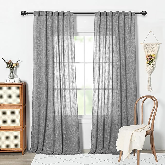 MYSKY HOME 95 Inch Curtains Farmhouse Light Filtering Privacy Curtain Drapes for Patio Door Living Room, Linen Look Texture Fabric Bohemian Draperies Soft Touch, 50x95, Dark Grey, 2 Panels
