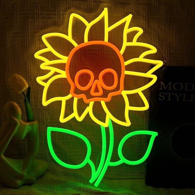 Sunflower Skull Neon Sign Wall Decor USB Powered Skeleton Head Halloween Neon Light Sign Dimmable Funny Halloween Day LED Sign for Trick or Treat Party Backdrop Bedroom Bar Man Cave