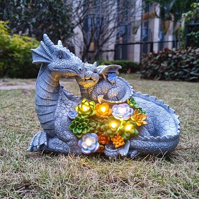 Solar Dragon Statue with LED Lights, Dargon Lover Gifts with Succulent and 6 LED Lights for Outdoor,Solar Dragon Decor for Yard, Garden and Patio, Unique Garden Statue for Mom Grandma