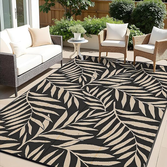 OLANLY Waterproof Outdoor Rug 6x9 ft, Reversible Outdoor Plastic Straw Rug with Leaf Pattern, RV Mat, Indoor Outdoor Carpet for Patio, Camping, Balcony, Deck, Backyard, Black & Beige