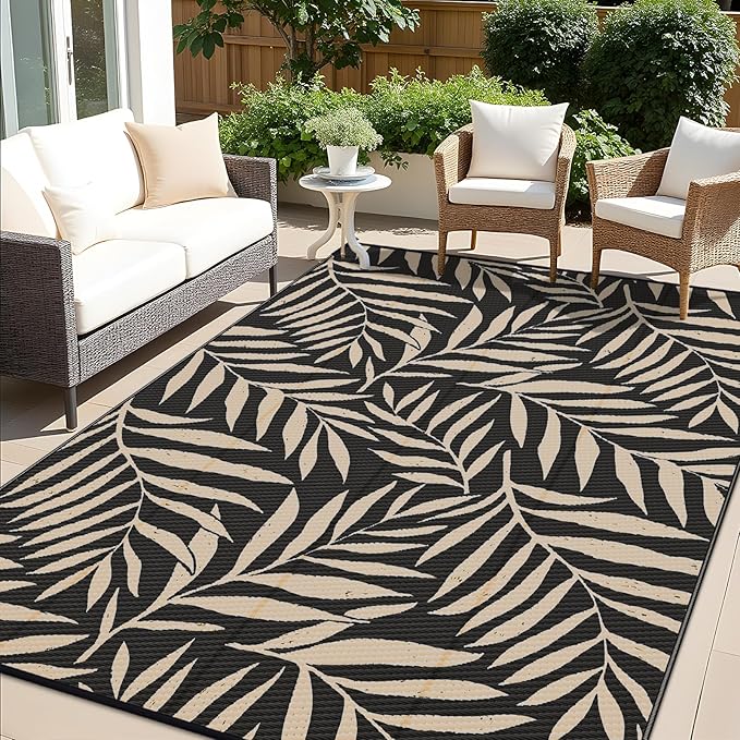 OLANLY Waterproof Outdoor Rug 9x12 ft, Reversible Outdoor Plastic Straw Rug with Leaf Pattern, RV Mat, Indoor Outdoor Carpet for Patio, Camping, Balcony, Deck, Backyard, Black & Beige