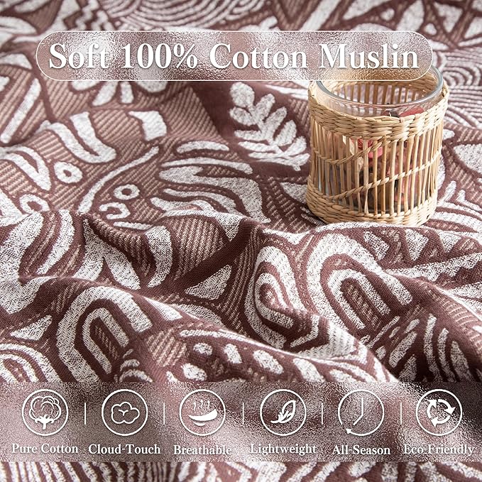 Boho Throw Blanket Twin Size, Soft Cozy Cotton Muslin Quilt Blanket for Bed Decor, Patchwork Block Couch Sofa Chair Cover, Vintage Farmhouse Cottage Tapestry Woven Blanket, Brown&White