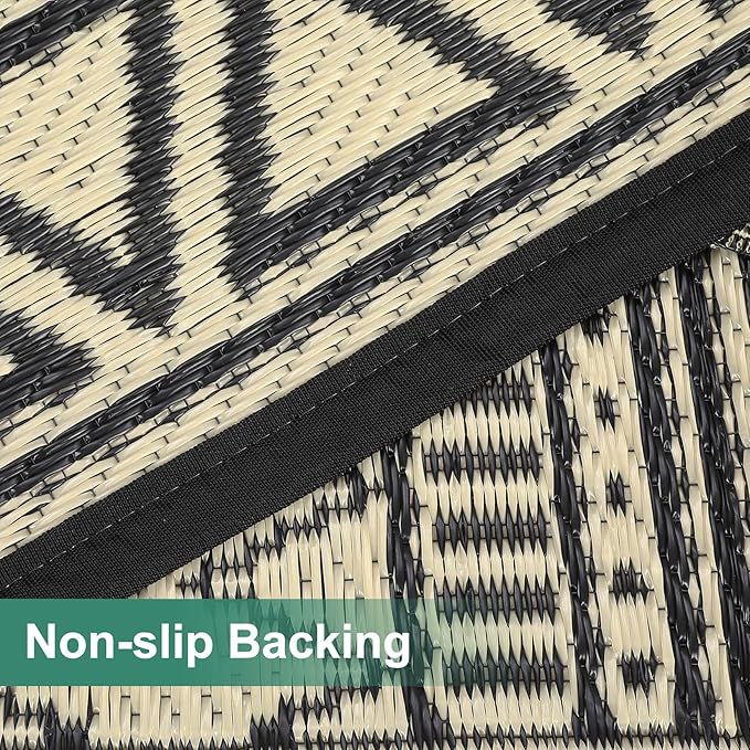GAOMON Outdoor Rug Waterproof 8'x10', Reversible Outdoor Plastic Straw Rug, Boho Patio Rug, Indoor Outdoor Carpet, RV Mat Outside for Patio, Camp, Picnic, Balcony, Deck, Black/Coffee(Bohemia)