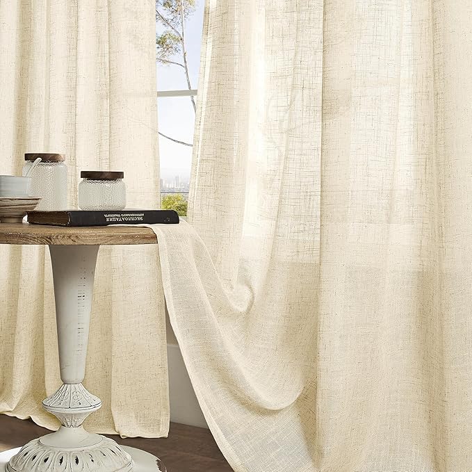 LAMIT Beige 72 inch Linen Curtains 2 Panels Set for Living Room, Soft Thick Linen Semi Sheer Light Reducing Bronze Grommet Window Treatments Neutral Drapes for Bedroom, 52 x 72 Inch