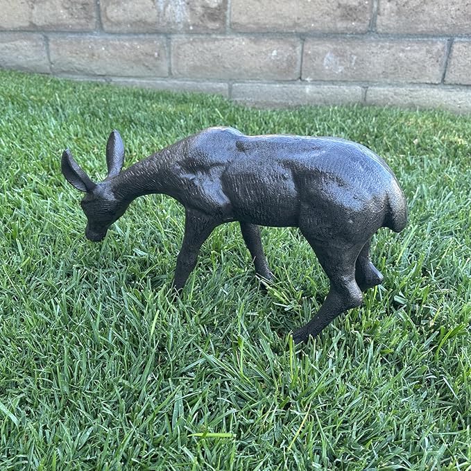 Cast Iron Deer Sculpture（11.4" Tall）, Realistic Lawn Garden Decor Statue, Lifelike Grazing Deer Figure, Outdoor/Indoor Decorative Art, Metal Animal Ornament HC3672