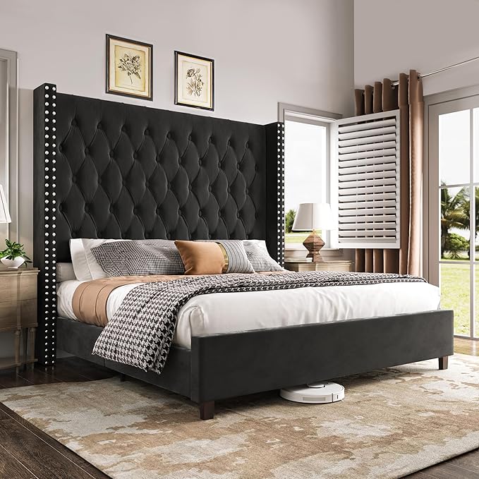 PaPaJet Queen Size Bed Frame with 61.4" Tall Headboard, Velvet Modern Upholstered Tufted Bed for Adults, Handmade Deep Button Tufting, Solid Wood Legs, No Box Spring Required, Black