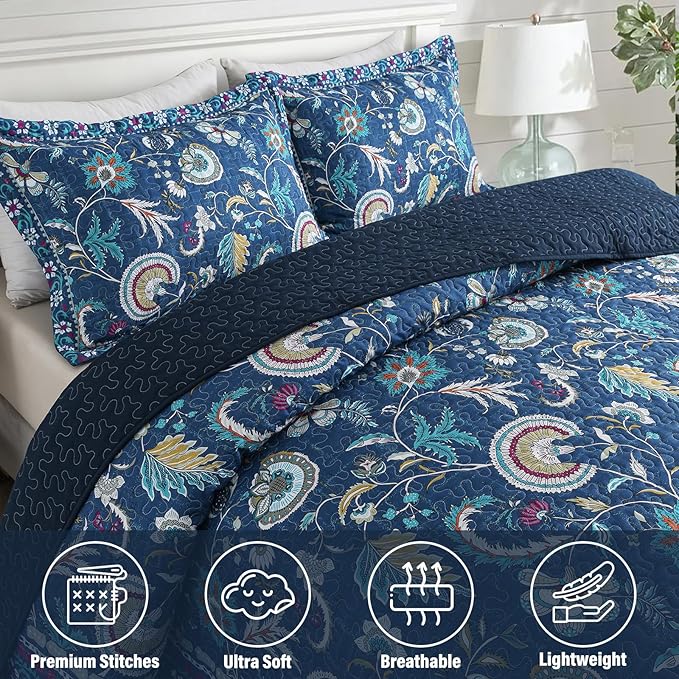 NEWLAKE Quilt Set Queen Size, Bedspread Sets Blue Botanical Floral Patterns, Reversible Quilt Bedding Set Lightweight and Breathable for All Seasons, Soft Quilted Bedspread with 2 Pillow Shams