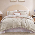 King Comforter Set - 7 Pieces Ruffle Beige Bedding Sets, Shabby Chic Farmhouse Bed in a Bag King with Ruffle Comforter, Floral Sheets, Pillowcases & Shams