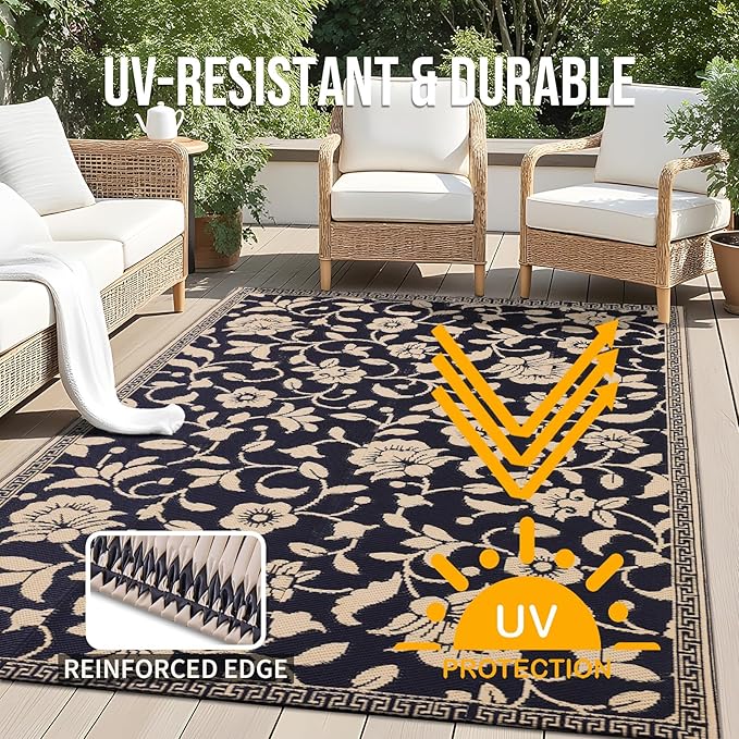 OLANLY Waterproof Outdoor Rug 5x8 ft, Outdoor Plastic Straw Rug with Flower Pattern, Reversible RV Mat for Patio, Camping, Balcony, Deck, Backyard, Black & Beige