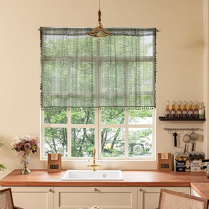 Sutuo Home Olive Green Boho Valance Curtains Crochet Lace Sheer Bohemian Hollow Knitted with Tassels, Privacy Vintage French Retro Farmhouse Tier for Kitchen Bedroom, Rod Pocket 1 Panel 59" W x 24" L