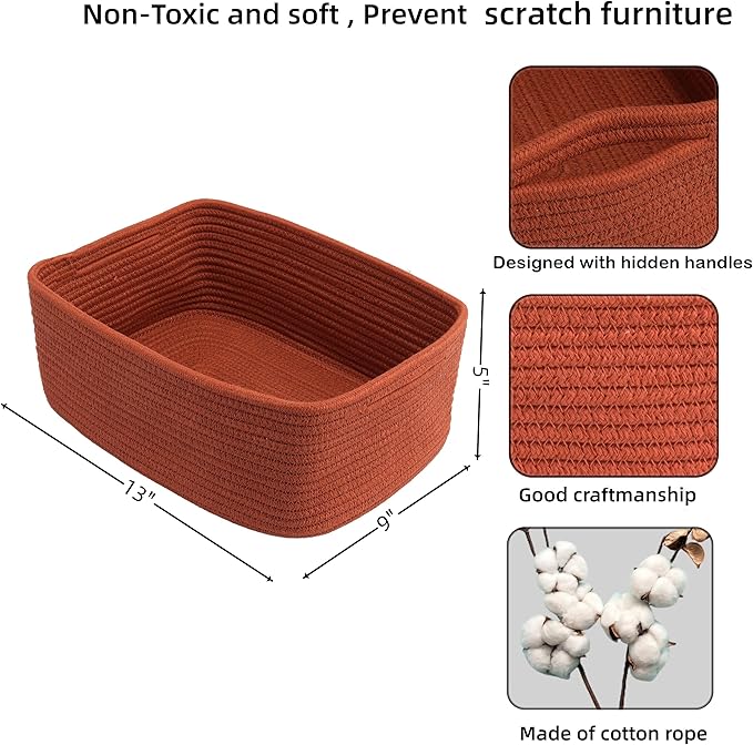 Small Woven Storage Baskets 13“X9”X5“ Decorative Rope Bins for Organizing Shelves, Closets, and Toys, Empty Gift Baskets, Cute Organizer Basket for Home and Office (rustic, Large)