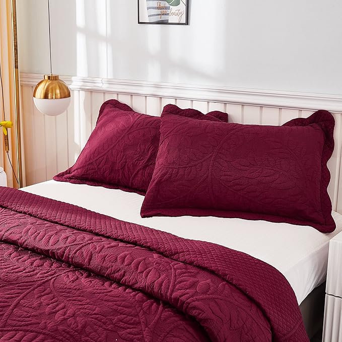 MarCielo 3-Piece 100% Cotton Oversized Bedspread Lightweight Quilt Coverlet Embroidery Farmhouse Bedding Set T0 (Wine Burgundy, Oversized King (118"x106"))