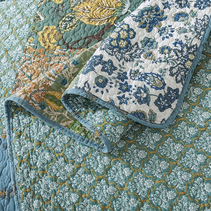 NEWLAKE Cotton Patchwork Bedspread, 3-Piece Bedding Quilt Set with Real Stitched Embroidery, Reversible Matelasse Bed Coverlet Set,Green Farmhouse Garden,Twin Size