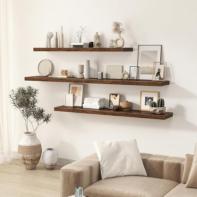Fun Memories 72 Inch Floating Shelves for Wall 2 Pack Shelves for Bedroom|Kitchen|Bathroom 72 x 9.3 Inch Wood Floating Shelf with Invisible Brackets for Books|Storage|Decor, Rustic Brown